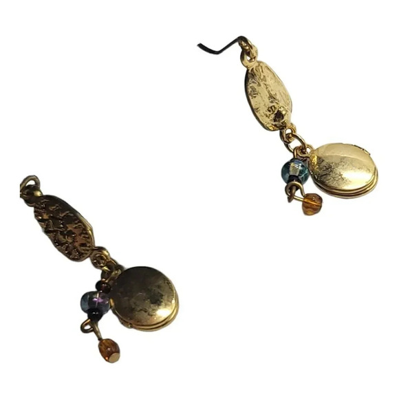 Darlene Group Locket Dangle Earrings Blue Amber Crystal Bead Gold Tone Vintage - Picture 4 of 4